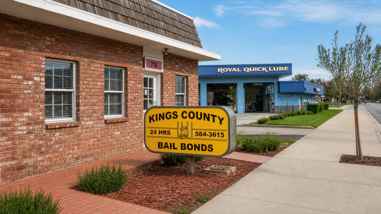 The Kings County Bail Bonds office on North 11th Avenue in Hanford: a red brick building with a yellow roadside sign out front